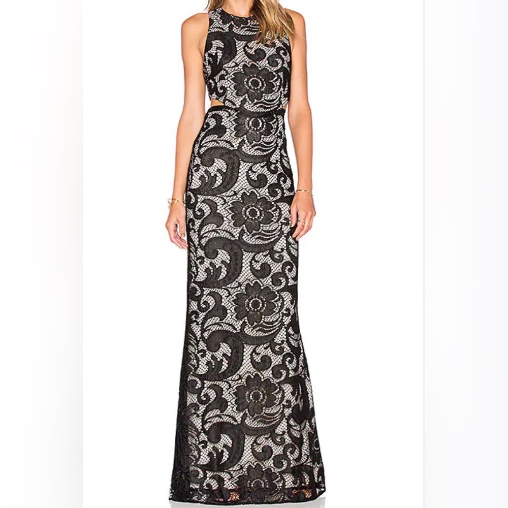 Alice and Olivia Black and white floral Lace cutout evening gown dress